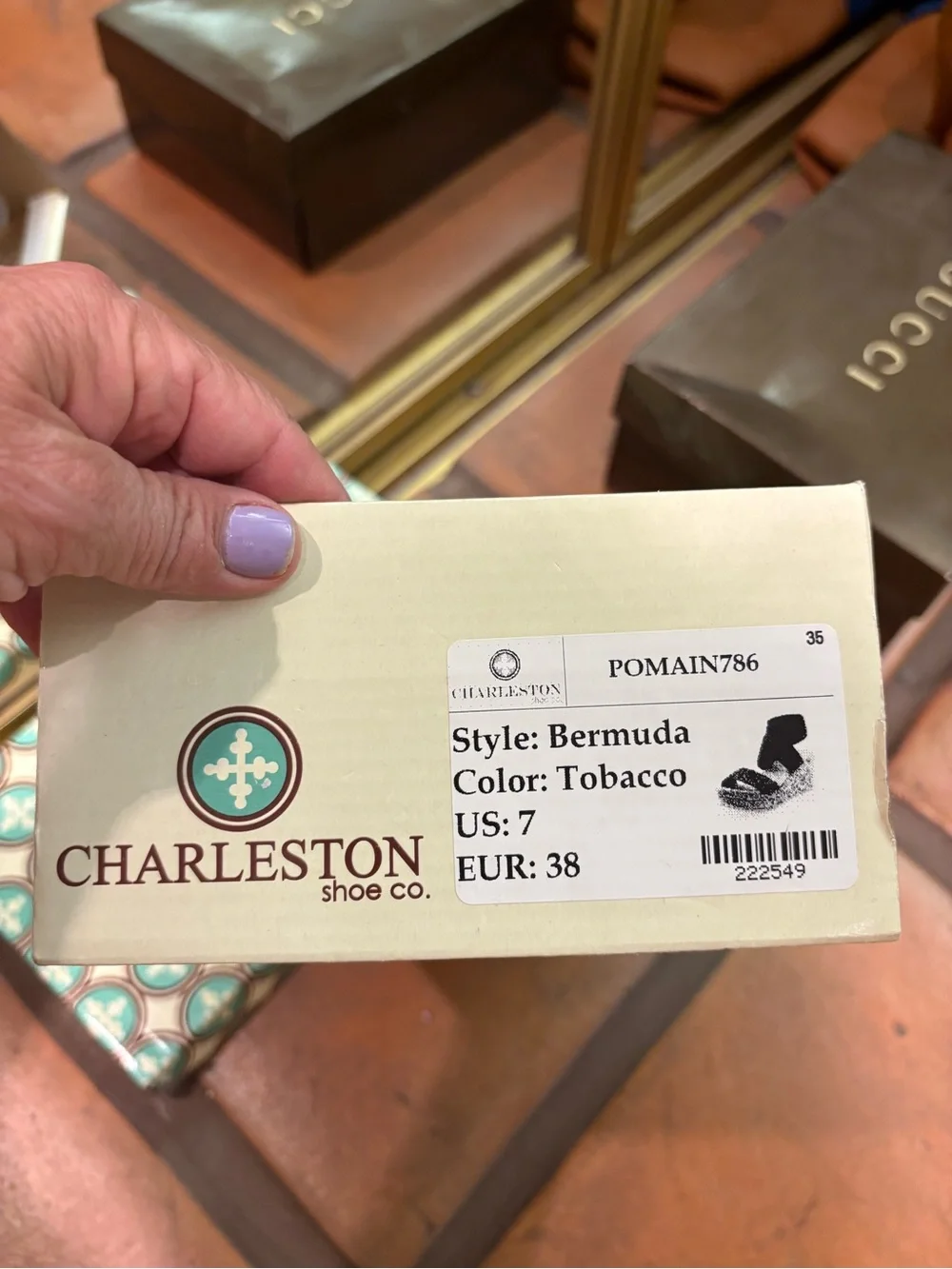 CHARLESTON SHOE CO. Tobacco Brown Wedge Sandals Box Label